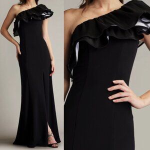 NWT Tadashi Shoji Roni One-Shoulder Ruffle Gown Dress Black Size XS CY24383LX